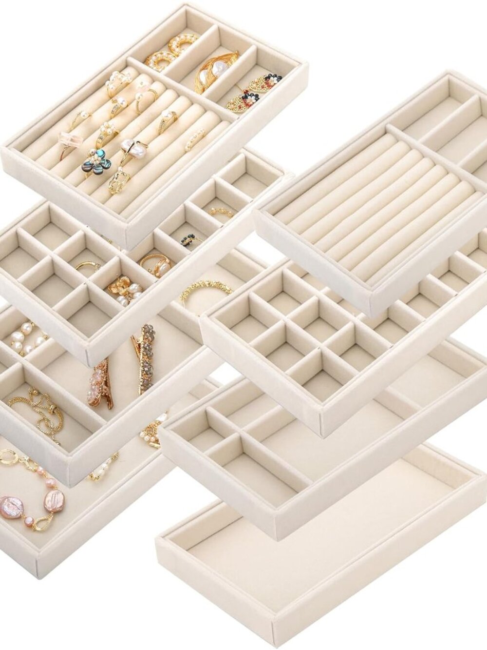 8 Pack Velvet Jewelry Trays, Stackable Jewelry Organizer Trays for Drawers, Beig